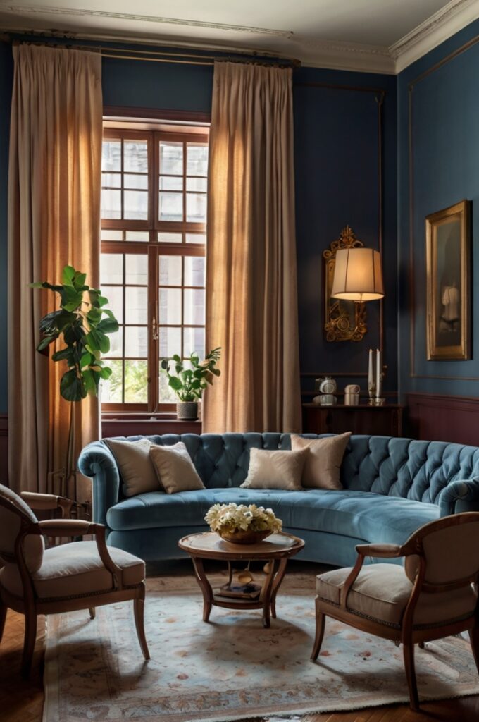 Vintage-inspired living room with deep Bordeaux walls, dusty blue upholstery, creamy buttermilk accents in curtains and cushions, warm soft lighting, elegant classic furniture, balanced rich and soft tones, inviting refined atmosphere
