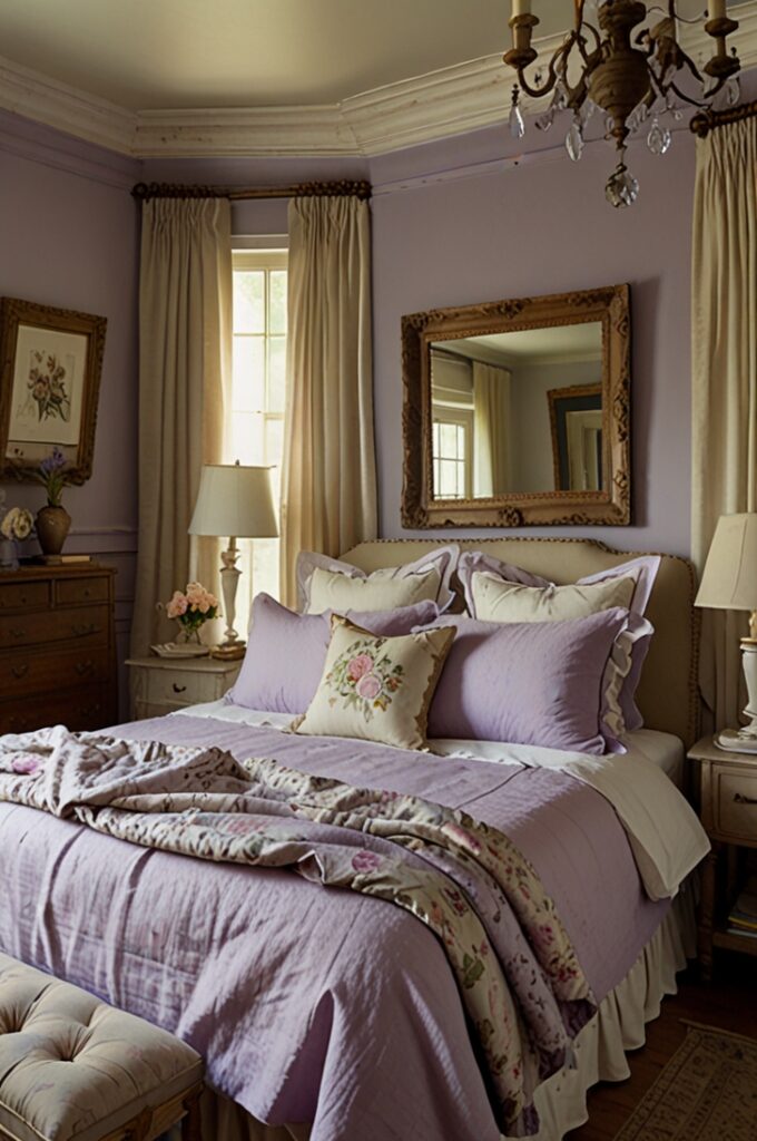 French country bedroom featuring muted lavender walls with a soft, powdery finish that creates a romantic and timeless atmosphere. The bed has an ornate, distressed white wood frame with carved details and is dressed in white and lavender toile-patterned bedding, complete with ruffled edges and coordinating floral pillows. A pale lavender quilt is folded at the foot of the bed. Matching distressed wood nightstands stand on either side, topped with vintage-style ceramic lamps with pleated fabric shades. Floral curtains in a lavender and cream pattern frame a tall window, allowing filtered natural light to brighten the room. The floor is aged oak wood with a faded lavender and beige area rug beneath the bed. Antique gold-framed botanical prints and oval portrait paintings hang on the walls, adding historic charm. A whitewashed armoire with brass hardware and a carved mirror leans against one wall. The entire space feels soft, elegant, and deeply rooted in the rustic beauty of the French countryside.