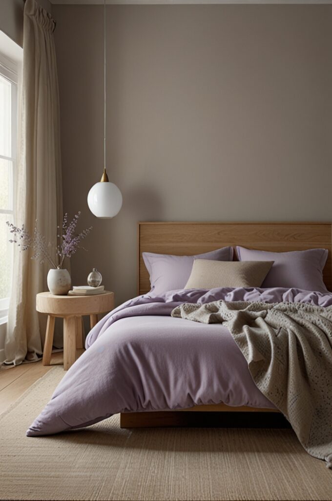 Scandinavian-style bedroom featuring smooth walls painted in a muted lavender tone that radiates calm and simplicity. The bed has a low-profile frame made of light natural oak with a minimalist design, dressed in soft white linen bedding with a pale lavender throw blanket neatly folded at the foot and two lavender accent pillows. A simple birchwood nightstand with rounded edges stands beside the bed, holding a small white ceramic lamp with a linen shade and a glass of water. The floor is pale oak wood with a light gray wool rug placed under the bed. A single framed abstract print in soft lavender and beige hangs above the bed on the uncluttered wall. A large window framed in natural wood allows diffused light to enter through sheer white curtains. The overall space is airy, serene, and thoughtfully minimal with a balanced mix of lavender hues and Scandinavian natural textures.
