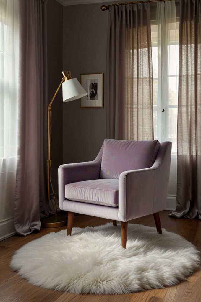 bedroom corner featuring a plush lavender accent chair with velvet upholstery and tapered wooden legs, positioned next to a large window framed by sheer white curtains. Beneath the chair lies a soft, fluffy white sheepskin rug that adds texture and warmth to the space. A sleek brass reading lamp with an adjustable arm stands beside the chair on a minimalist white side table, casting a warm glow. The surrounding walls are painted a clean, neutral off-white with subtle natural light filtering in. The floor is light oak wood with a subtle grain pattern. The overall scene feels cozy, inviting, and elegantly simple, highlighting the lavender chair as a delicate pop of color within a serene bedroom setting.