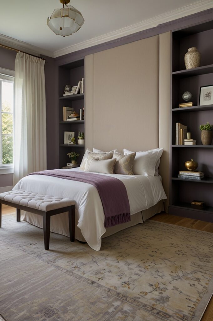 bedroom featuring a built-in wall niche painted in a soft lavender matte finish, creating a gentle pop of color against the surrounding warm ivory walls. The rectangular alcove is recessed and framed with clean white molding that contrasts subtly with the lavender interior. Inside the niche, neatly arranged books with neutral beige and gray covers sit alongside small potted plants with lush green foliage in white ceramic pots. Personal mementos such as framed black-and-white photographs and a delicate brass figurine are thoughtfully displayed on the shelves within the alcove. Below the niche, a low-profile bed with a light gray upholstered headboard and crisp white linens is positioned centrally. The floor is pale oak wood with a textured cream area rug extending beneath the bed. Soft natural light filters through a nearby window with sheer white curtains, illuminating the lavender alcove and creating a serene, personalized focal point in the room.
