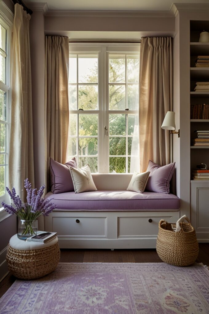 bedroom featuring a cozy window seat nook built into a sunlit bay window. The window seat is upholstered with a smooth lavender cushion that spans the entire bench, fitted perfectly to the window’s dimensions. Layered across the cushion are soft throw pillows in a harmonious mix of shades—lilac, mauve, dusty rose, and cream—varying in size and texture, including velvet, linen, and knit. The bay window is framed by floor-length, gauzy lavender curtains that gently diffuse the natural sunlight, casting a soft purple glow across the space. The surrounding walls are painted warm ivory, enhancing the serene atmosphere. The seat is nestled beside a built-in bookshelf filled with neutral-toned books, white ceramics, and a small glass vase holding dried lavender stems. The floor is pale wood with a plush cream rug extending just in front of the nook. The overall setting is tranquil, inviting, and perfectly styled for relaxation, combining practical function with elegant lavender-toned beauty.