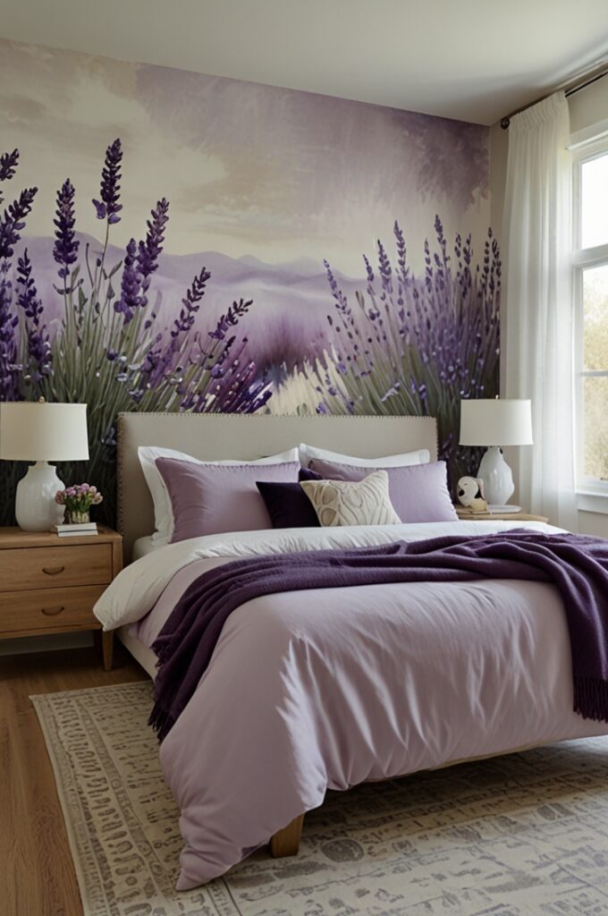 bedroom featuring a custom wall mural in soft lavender tones, painted behind the bed in flowing abstract waves that blend gentle shades of lilac, violet, and pale mauve with a watercolor effect. The remaining walls are painted a soft warm white to balance the mural’s artistic presence. The bed has a low-profile white frame and is dressed in light gray linen bedding with lavender accent pillows and a pale violet throw. A large window with sheer white curtains allows filtered daylight to wash over the mural, enhancing its soft textures. Light oak hardwood flooring is partially covered by a woven off-white rug. On one side of the bed stands a minimalist white nightstand topped with a small stack of books and a ceramic vase holding dried lavender stems. The atmosphere is artistic, serene, and visually captivating, centered around the unique lavender mural.