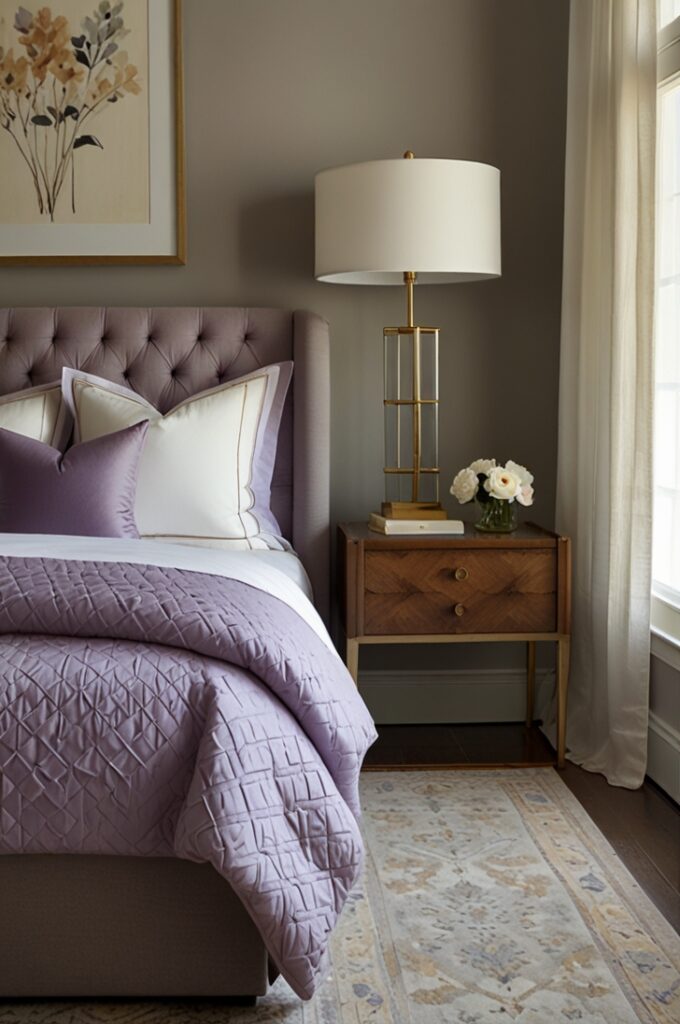 bedroom featuring a neatly made bed with a quilted lavender comforter as the focal point. The comforter is crafted from soft, breathable cotton with a subtle geometric stitched pattern that adds texture and depth. It drapes smoothly over the sides of the bed and is folded slightly at the top to reveal crisp white cotton sheets underneath. Two large lavender euro shams lean against a pale gray upholstered headboard, layered in front with smaller white and mauve accent pillows. The bed sits centered against an ivory wall, flanked by matching white nightstands with simple brass handles. Each nightstand holds a small ceramic lamp with a lavender base and a cream linen shade. The floor is light natural oak, partially covered by a woven cream area rug. A large window with sheer white curtains allows natural light to pour in, highlighting the softness of the bedding and enhancing the calm, textured elegance of the room.
