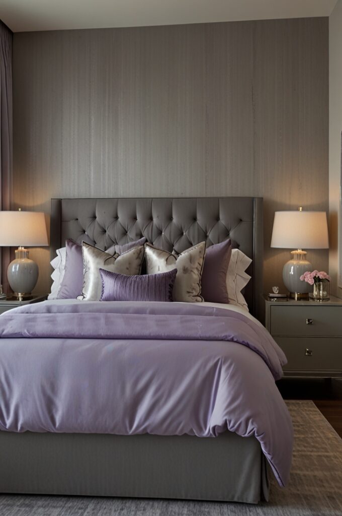 bedroom featuring a sophisticated lavender and gray color scheme. The walls are painted a smooth dove gray, creating a serene and modern backdrop. A large upholstered bed with a soft gray fabric headboard is centered against the main wall, dressed with a lavender comforter, lavender satin pillows, and crisp white sheets. Thick lavender curtains frame a tall window, diffusing natural daylight into the room. The floor is a light gray hardwood with a plush lavender area rug beneath the bed. Two sleek gray nightstands with chrome handles flank the bed, each topped with a glass-based lamp and a small lavender-scented candle. A minimalist gray dresser sits along one wall with a silver-framed mirror above it, reflecting the soft purple accents throughout the space. The overall look is calm, refined, and effortlessly elegant.
