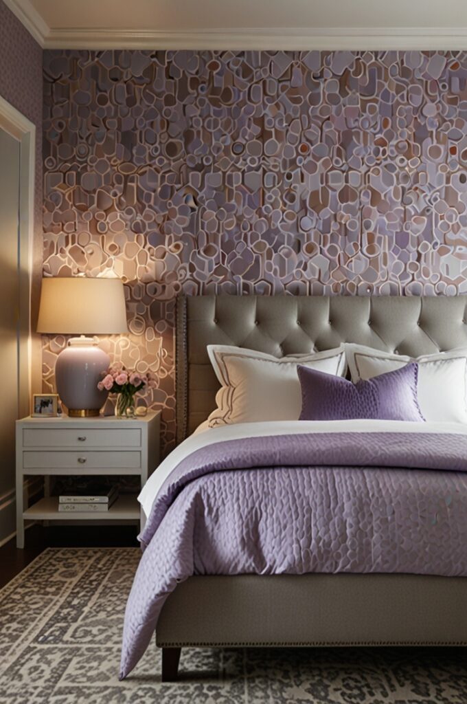bedroom featuring a statement wall covered in lavender geometric wallpaper with a repeating pattern of interlocking hexagons in varying shades of soft lilac and muted violet, creating subtle depth and texture. The wallpaper extends from floor to ceiling behind the bed, serving as a focal point. The remaining walls are painted a warm off-white to balance the pattern. The bed has a simple white frame with a tufted light gray fabric headboard. Bedding includes crisp white sheets, a lavender duvet cover, and matching lavender pillows arranged neatly. Two sleek white nightstands flank the bed, each topped with modern table lamps featuring cylindrical white shades and brushed nickel bases. The floor is light oak wood, partially covered by a soft gray area rug with a subtle geometric pattern that complements the wallpaper. A large window with white trim is dressed with sheer white curtains that allow natural light to gently illuminate the room. The overall atmosphere is fresh, stylish, and calm, with the lavender geometric wallpaper adding structured energy without overpowering the serene space.