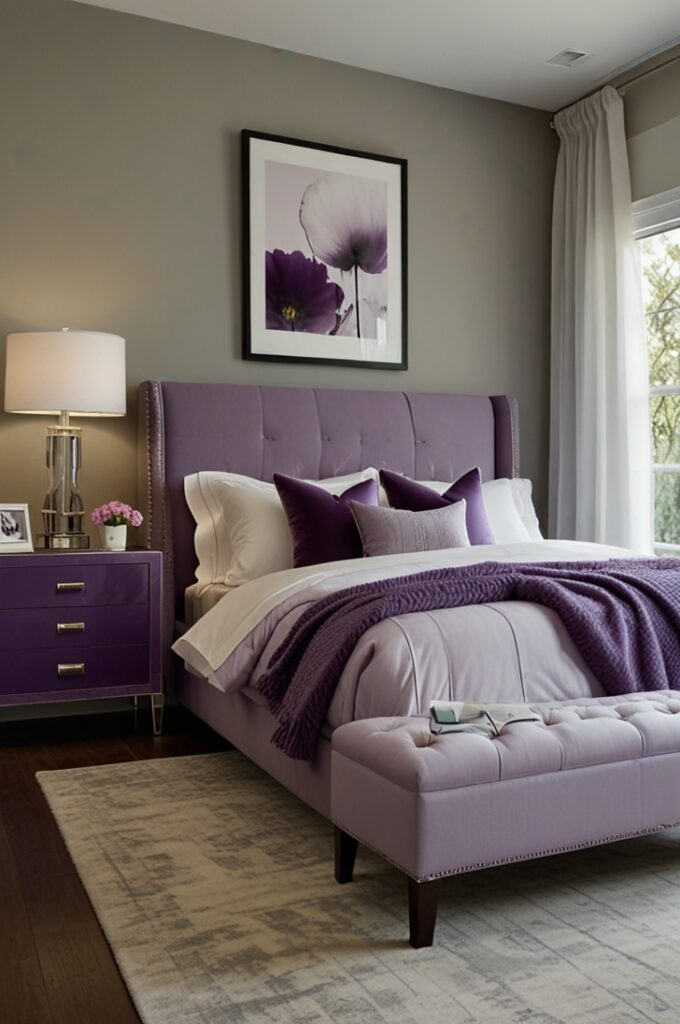 A bedroom featuring high-gloss lavender furniture with a sleek, lacquered finish that reflects soft ambient light. A pair of modern lavender nightstands with clean lines and smooth surfaces flank a minimalist white bed dressed in crisp white linens and lavender accent pillows. Across from the bed stands a matching high-gloss lavender dresser with polished chrome handles, its reflective surface catching subtle highlights from a nearby window dressed with sheer white curtains. The walls are painted a warm neutral beige, providing contrast to the bold furniture. The floor is light gray wood with a low-pile white rug placed partially beneath the bed. A contemporary white table lamp with a cylindrical shade sits on one nightstand, while a small vase with fresh white flowers adds a touch of softness. The overall atmosphere is vibrant, modern, and luminous, emphasizing the glossy lavender furniture as statement pieces.