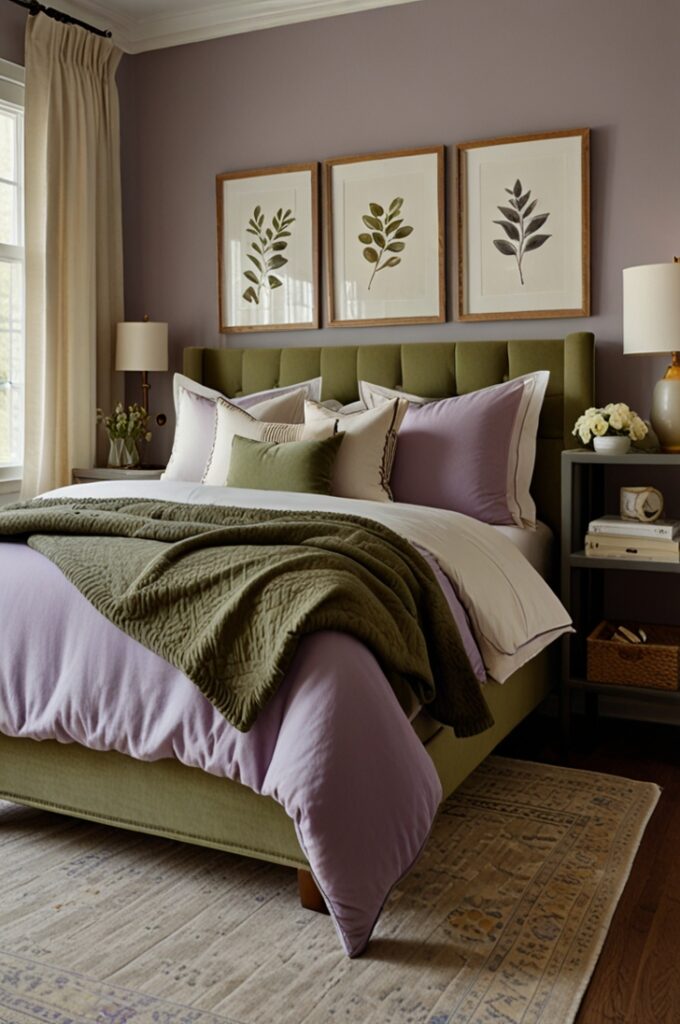bedroom featuring smooth lavender-painted walls paired with soft neutral elements and subtle olive green accents. The bed is positioned centrally against the main wall, featuring a light oak wood frame with a low headboard. It is dressed in lavender cotton bedding, complemented by an olive green throw folded neatly at the foot and two olive-toned linen pillows. A single olive green accent chair with clean lines and tapered wooden legs sits beside the bed near a large window, which is framed by floor-length ivory curtains. The floor is pale oak wood, with a textured cream and lavender area rug beneath the bed. Minimalist white nightstands with matte gold knobs flank the bed, each holding a small ceramic lamp with a soft white shade. A single medium-sized potted olive tree in a clay planter sits in the far corner of the room. The overall aesthetic is balanced and restrained, with a calming blend of soft lavender and natural green tones.