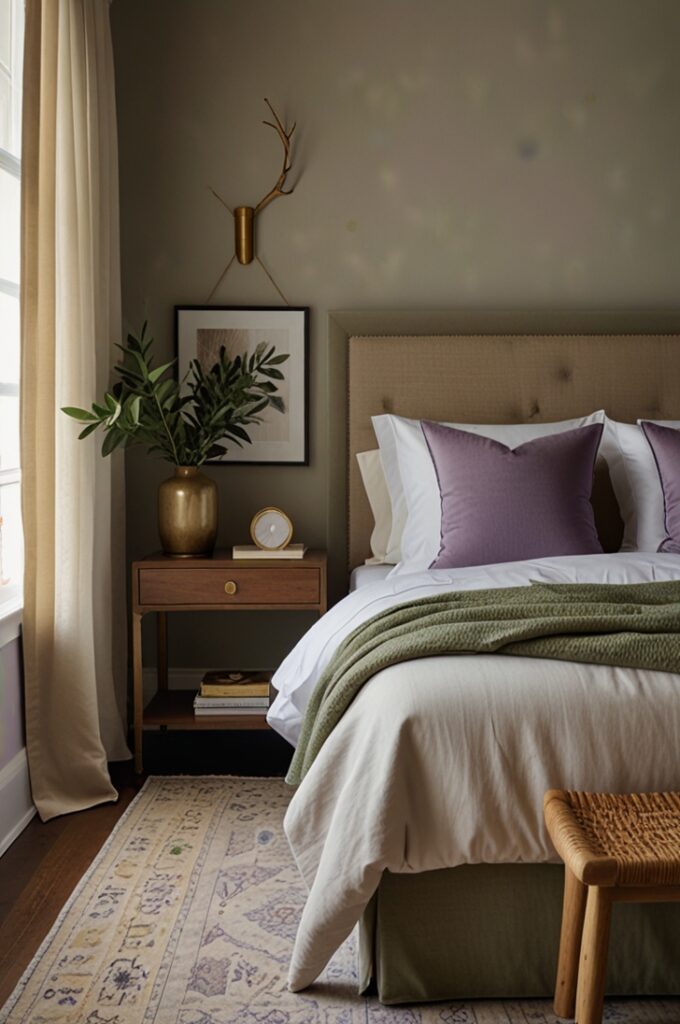 A bedroom featuring sage green walls with a smooth matte finish that evoke a calming, natural atmosphere. The bed is centered against the sage wall and has a simple white wooden frame with clean lines. It is dressed in soft lavender bedding including a plush duvet cover, matching pillow shams, and decorative throw pillows in varying shades of lavender and pale lilac. A light beige knitted throw is casually draped across the foot of the bed. On each side of the bed, white minimalist nightstands hold small ceramic table lamps with sage green bases and white linen shades. The floor is light oak wood partially covered by a woven natural fiber rug. A large window with white trim is dressed with sheer white curtains, allowing soft natural light to fill the room. A potted eucalyptus plant with dusty green leaves sits in a woven basket near the window, adding an organic touch. The overall ambiance is serene, balanced, and inviting with harmonious layering of lavender and sage tones inspired by nature.
