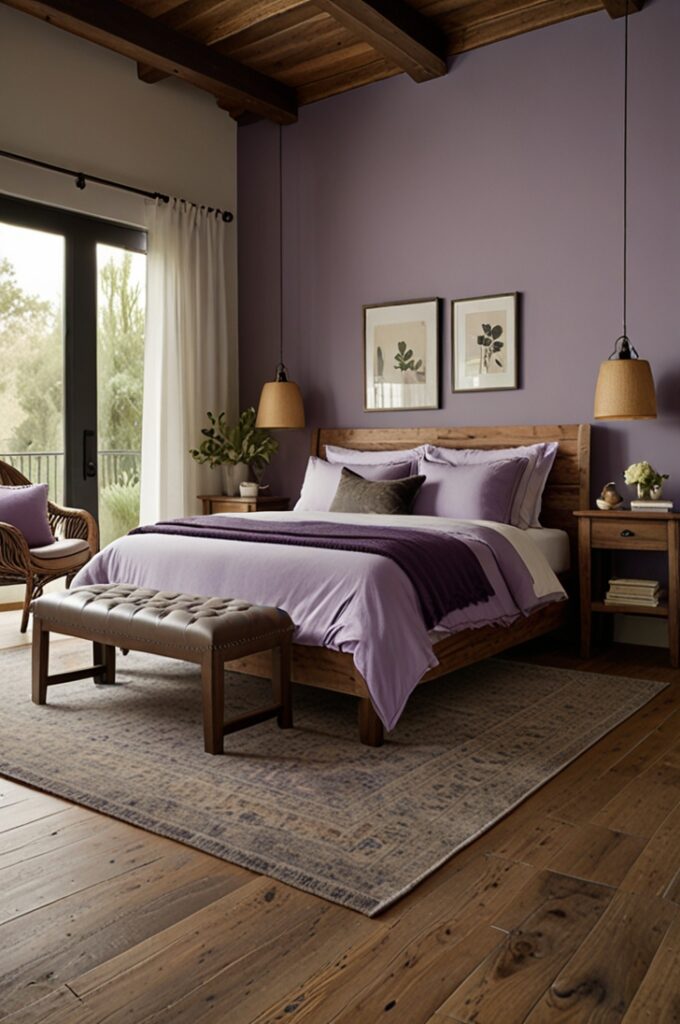 bedroom featuring soft lavender walls that provide a gentle, calming backdrop. The room showcases a sturdy natural wood bed frame with visible grain and a warm honey tone, paired with matching wooden nightstands on each side. The bed is dressed in white linens with a lavender duvet and matching lavender throw pillows. Exposed wooden ceiling beams run across the room, adding rustic charm and texture. The floor consists of wide natural wood planks in a slightly darker shade than the furniture, complementing the warmth of the space. A woven natural fiber rug lies partially under the bed. Soft natural light filters through sheer white curtains hanging from a black metal rod, enhancing the balance between rustic wood elements and the softness of lavender tones. The overall ambiance is warm, modern, and inviting.