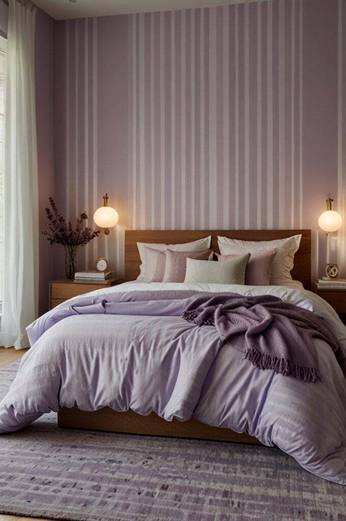 bedroom featuring vertical lavender and white striped walls, each stripe precisely painted in alternating soft lavender and crisp white, extending from floor to ceiling and creating a sense of height and playfulness. The bed is positioned against the striped feature wall, with a simple white wooden frame and a high rectangular headboard. Bedding includes white cotton sheets, a pale lavender duvet, and a few decorative pillows in solid lavender and subtle striped patterns. The floor is light natural wood, partially covered by a soft white shag rug. A small white nightstand with clean lines holds a clear glass lamp with a white linen shade and a stack of lavender-colored books. A large window with white wooden trim and sheer lavender curtains lets in soft daylight, brightening the room. The overall atmosphere is cheerful, airy, and delicately styled with balanced contrast and charming vertical detail.