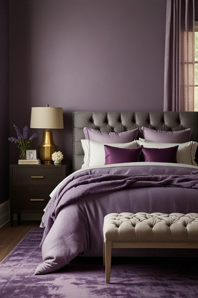 bedroom showcasing a monochromatic lavender color scheme with layered shades from soft lilac to deep orchid. The walls feature a smooth gradient, transitioning from pale lavender at the base to a rich orchid hue near the ceiling. A king-sized bed with a tall tufted headboard in deep orchid velvet anchors the room. The bedding includes lilac sheets, lavender duvet, and a variety of pillows in shades of violet and purple, arranged with texture and depth. A plush lavender area rug covers the light gray hardwood floor. A modern lavender-painted dresser stands against one wall, adorned with decorative vases and candles in varying lavender tones. Natural light streams through sheer lavender curtains on a large window, casting a gentle glow that emphasizes the layered purples. The atmosphere is cohesive, vibrant, and full of personality.
