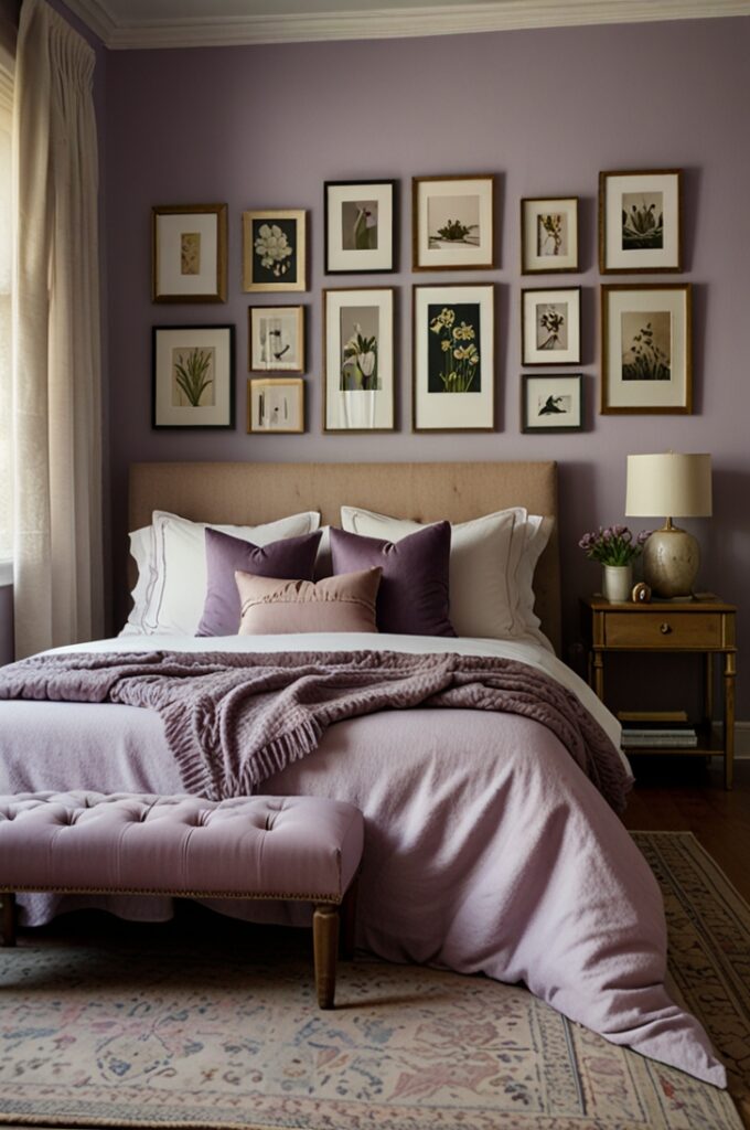 bedroom with a feature gallery wall behind the bed displaying a carefully arranged collection of vintage lavender-hued posters and prints. The wall is painted in soft matte white, allowing the artwork to stand out. The gallery includes a mix of old botanical illustrations of lavender flowers, faded travel posters with pastel skies, and abstract pastel compositions in shades of lilac, mauve, and dusty rose. Each piece is framed in a combination of thin brass, whitewashed wood, and distressed black metal frames, creating a curated, eclectic look. Below the gallery wall sits a low-profile bed with a light gray upholstered headboard, dressed in white linen bedding with a lavender quilt and coordinating throw pillows. A vintage wooden trunk sits at the foot of the bed, doubling as a bench. The floor is light oak, partially covered by a faded lavender Persian-style rug. A single antique wall sconce with a curved brass arm and a frosted glass shade adds a warm, nostalgic glow to the room. The overall mood is personal, artistic, and romantically vintage.

