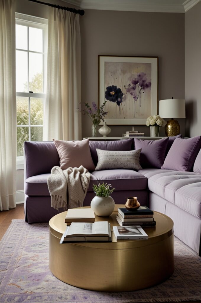 bedroom with a lavender upholstered daybed placed beneath a large window framed by soft white linen curtains. The daybed features smooth velvet fabric in a muted lavender tone with a straight back, squared arms, and slim brass legs. It is topped with a white fitted cushion, a textured lavender knit blanket draped casually over one side, and a mix of pillows in ivory, pale mauve, and slate gray.

The walls are painted a pale warm gray, creating a gentle contrast with the lavender tones. On one side of the daybed, a tall white bookshelf stands against the wall, filled with neatly arranged books in neutral covers, a few small ceramic vases, and folded blankets. On the opposite side, a round light wood side table holds a glass of water, a closed book, and a softly glowing lavender-scented candle.

The floor is pale oak wood, layered with a cream and lavender abstract-patterned area rug that defines the seating area. Above the daybed, a minimal framed line drawing in black and white hangs, adding a modern artistic touch. The overall layout is open and airy, creating a functional yet elegant retreat perfect for lounging or hosting guests.