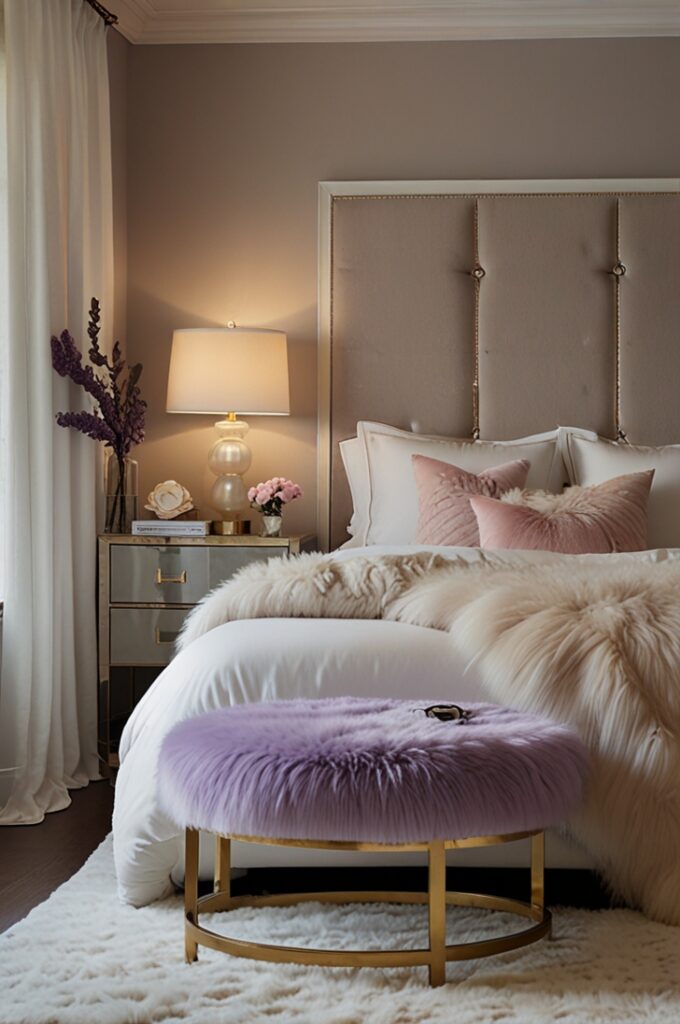 bedroom with a soft, glamorous aesthetic featuring lavender faux fur accents. Centered in the room is a modern white platform bed with a tufted upholstered headboard in light gray. The bed is dressed in crisp white linens with a folded lavender faux fur throw draped across the foot, adding rich texture and color. Beside the bed, a small round vanity stool upholstered in lavender faux fur with slender gold legs sits near a sleek white vanity table with a circular mirror framed in brass. The walls are painted a soft blush beige, creating a warm, flattering backdrop. The floor is pale oak wood, partially covered by a plush ivory area rug. On either side of the bed, minimalist white nightstands hold matching gold-based table lamps with white globe shades. A few framed fashion prints in soft pastels are arranged neatly on the wall above the bed. The overall mood is stylish, youthful, and luxuriously cozy with the lavender faux fur adding a playful and chic focal point.
