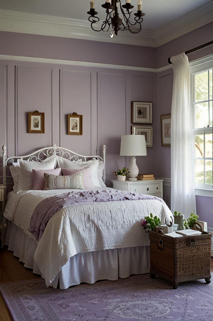 bedroom with pale lavender walls and classic white wainscoting, combining soft color with elegant architectural detail. The ceiling is painted bright white with matching crown moldings, creating a clean contrast. A large window with white wooden shutters allows filtered daylight to stream in, illuminating the light ash wood flooring. A vintage-style white iron bed frame sits against the main wall, dressed in white linen sheets, a quilted lavender bedspread, and plush white pillows. A small white dresser with curved legs stands nearby, topped with a ceramic lavender-scented candle and a stack of pastel books. The room feels peaceful, delicate, and timeless.
