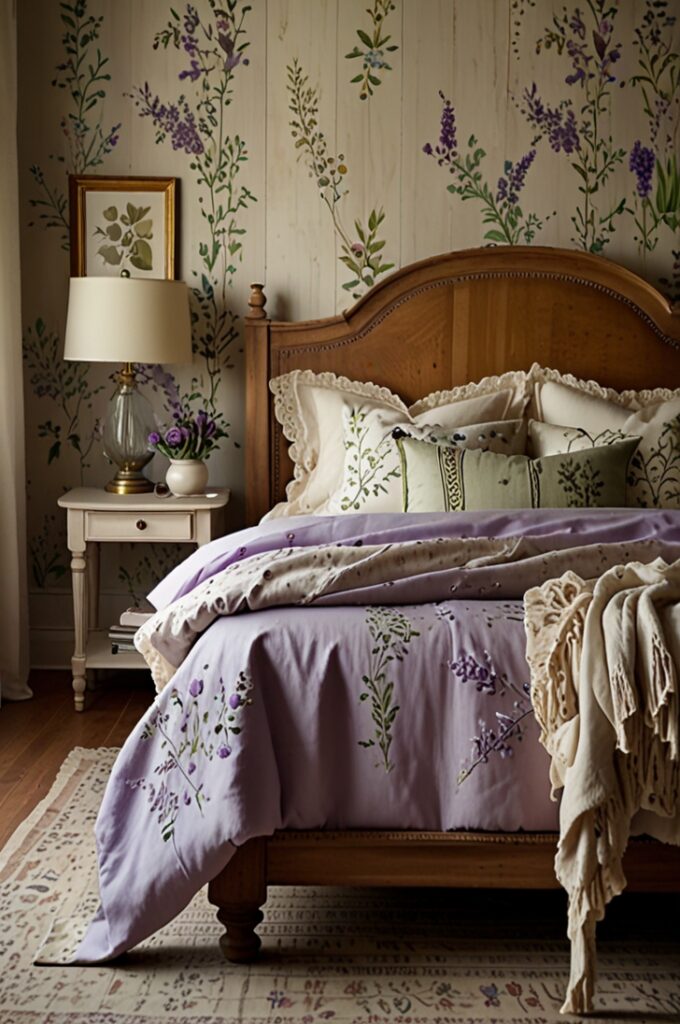 bedroom with walls covered in delicate lavender floral wallpaper featuring detailed sprigs of lavender blossoms and green leaves on a soft cream background. The furniture is whitewashed wood with a distressed finish, including a vintage-style bed frame with turned posts and a matching nightstand. The bed is dressed in crisp white linens with a lavender quilt and embroidered throw pillows. A lace-trimmed white curtain filters sunlight through a large window with a wooden frame painted in soft whitewash. On the nightstand sits an antique brass lamp with a fabric shade and a small vase holding fresh lavender stems. The floor is wide plank natural wood with a woven jute rug. The overall atmosphere is cozy, charming, and evokes a peaceful countryside cottage retreat.
