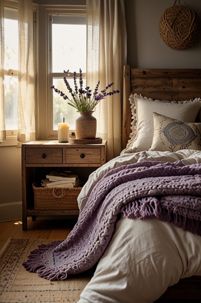 boho bedroom featuring soft lavender walls and a bed layered with lavender textiles including a textured duvet, patterned throw pillows in shades of purple and cream, and a woven lavender blanket. The floor is natural jute rug covering warm wooden planks. Above the bed hangs an intricate macrame wall hanging with detailed knots in off-white cotton. A large hanging plant in a woven basket dangles from the ceiling near a window framed with sheer white curtains, allowing sunlight to filter gently into the room. A rustic wooden nightstand with visible grain holds a ceramic vase with dried wildflowers and a small brass candle holder. The overall atmosphere is warm, eclectic, and relaxed with a harmonious blend of lavender hues and natural bohemian elements.