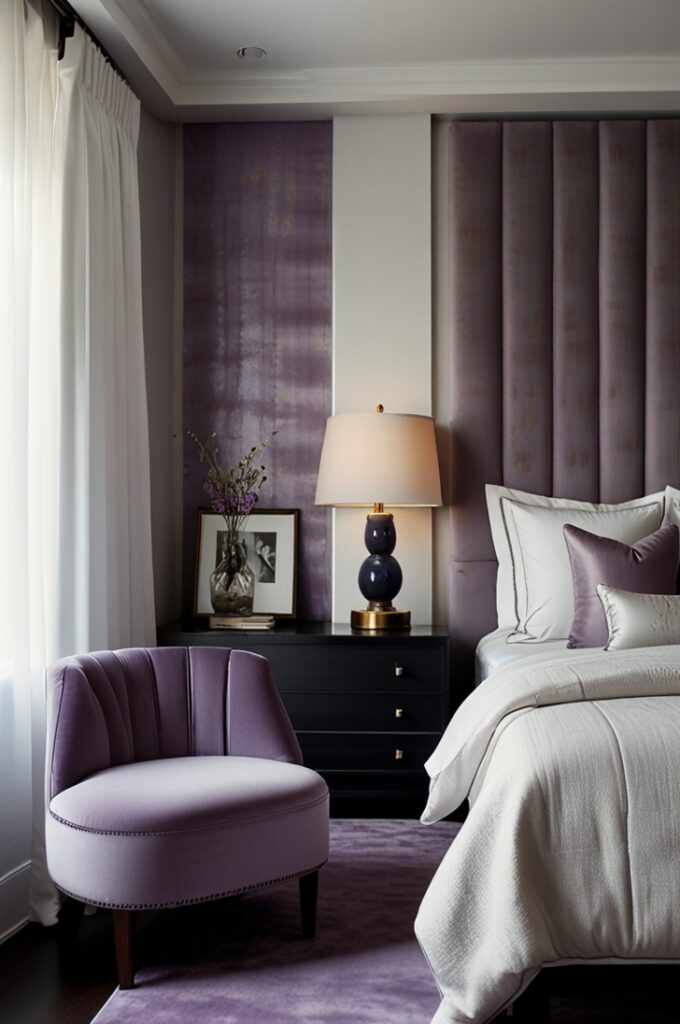 contemporary bedroom featuring a textured lavender wall panel backdrop behind the bed, composed of vertical rectangular fabric panels upholstered in rich lavender velvet with subtle tufted detailing. The panels extend from floor to ceiling, creating a luxurious and inviting focal wall. The bed has a low-profile frame in matte white with crisp white linens, accented by lavender and soft gray pillows arranged neatly. Two minimalist floating nightstands in glossy white flank the bed, each holding sleek black bedside lamps with cylindrical shades. The floor is light gray polished concrete with a plush lavender area rug partially beneath the bed. A large floor-to-ceiling window with sheer white curtains allows natural light to flood the room, highlighting the rich texture of the lavender panels. The overall atmosphere is sophisticated, modern, and serene, reminiscent of an upscale hotel suite.