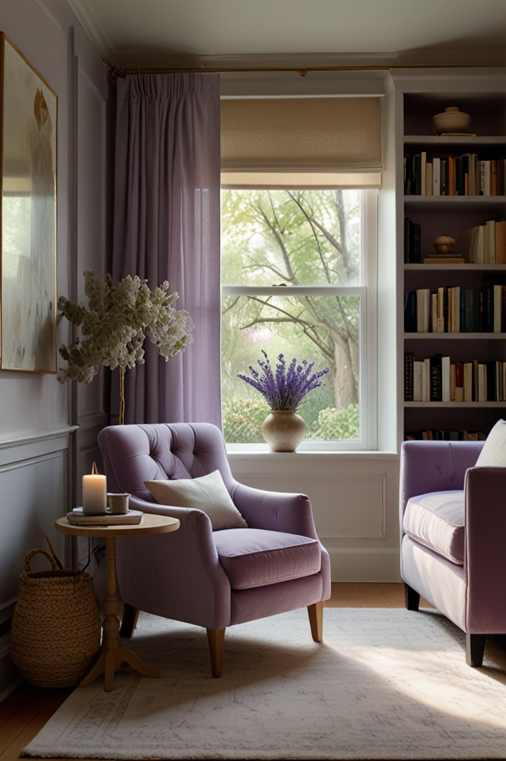 cozy reading nook situated in a corner of a bedroom, featuring a plush lavender armchair upholstered in soft velvet with tufted backrest and wooden tapered legs in natural oak. Next to the chair stands a round white marble side table with slender gold metal legs, holding a small lavender-scented candle in a frosted glass jar softly glowing. Behind the chair, a built-in bookshelf painted in muted white is neatly filled with books in neutral tones, a few small potted plants, and decorative ceramic objects in soft pastel colors. The walls around the nook are painted a warm cream, and a large window with sheer white curtains allows natural light to filter in gently. The floor beneath the nook is light oak wood partially covered by a soft cream shag rug. The overall atmosphere is serene, inviting, and perfect for relaxation with harmonious lavender accents enhancing the calm mood.
