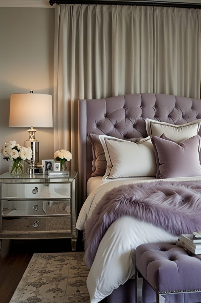 guest bedroom with smooth lavender-painted walls in a soft, calming hue. The bed features a tufted white upholstered headboard and is dressed in crisp white bedding with a subtle sheen, layered with lavender throw pillows and a light silver-gray blanket folded neatly at the foot. On either side of the bed are mirrored nightstands with beveled edges and crystal knobs, each topped with a silver-based table lamp with a white drum shade. A silver-framed round mirror hangs above the headboard, reflecting soft natural light entering through a large window dressed with sheer white curtains. The floor is light gray wood, partially covered by a plush silver-toned area rug. A mirrored dresser with matching crystal handles stands along one wall, topped with a glass vase holding fresh lavender stems. The room feels serene, elegant, and inviting with a blend of soft color and reflective silver accents.