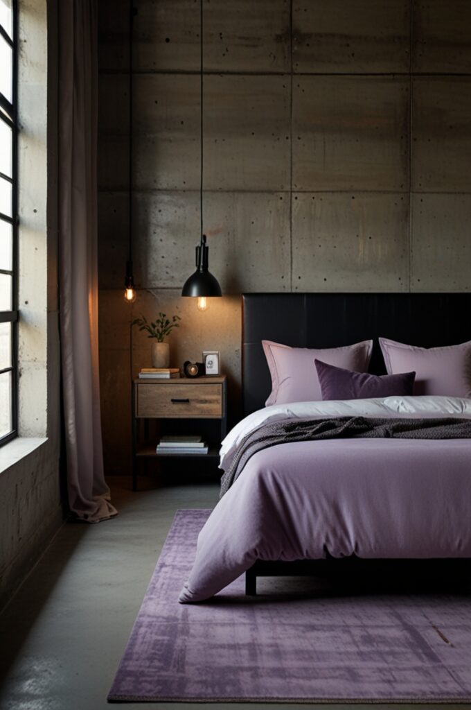 industrial loft bedroom with raw concrete walls and exposed ceiling pipes, showcasing a blend of rugged architecture and soft, calming design. The floor is polished concrete with a large, plush lavender area rug placed beneath a low-profile black metal bed frame. The bed is layered with lavender bedding, including a washed linen duvet, soft lilac sheets, and multiple pillows in varying shades of lavender and mauve. A distressed leather bench sits at the foot of the bed. Tall industrial windows framed in black metal allow natural daylight to pour in, casting soft shadows across the room. A minimalist nightstand made of reclaimed wood with metal legs holds a matte black lamp and a stack of books. Hanging from the ceiling are two exposed Edison bulb pendant lights with black cords. The overall mood is moody yet gentle, where soft lavender tones contrast beautifully against the raw, urban textures.