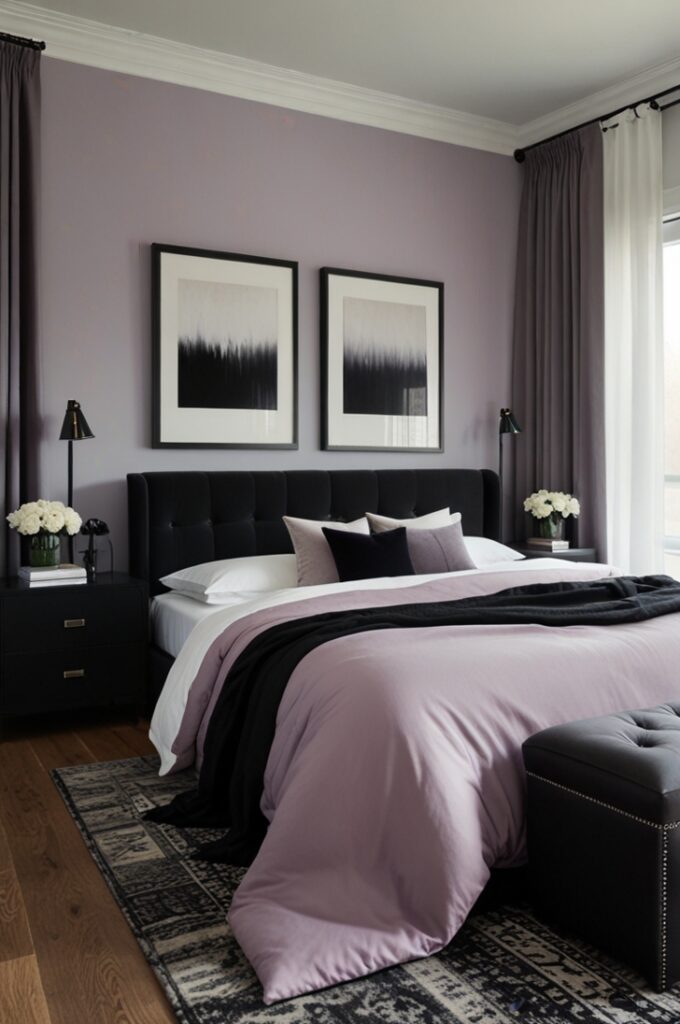 modern bedroom featuring pale lavender walls with a smooth matte finish that creates a calm and soothing backdrop. The centerpiece is a sleek black platform bed with clean lines and a low profile, dressed in white linens and lavender accent pillows. On either side of the bed stand black metal nightstands with minimalist designs, each topped with geometric black lamps featuring matte black shades. A large abstract black and white painting hangs above the bed, adding bold visual interest. The floor is polished dark hardwood with a soft gray rug partially beneath the bed. A black-framed window with sheer white curtains allows natural light to filter softly into the space. The overall atmosphere balances edgy sophistication with serene lavender tones, creating a striking yet calming environment.
