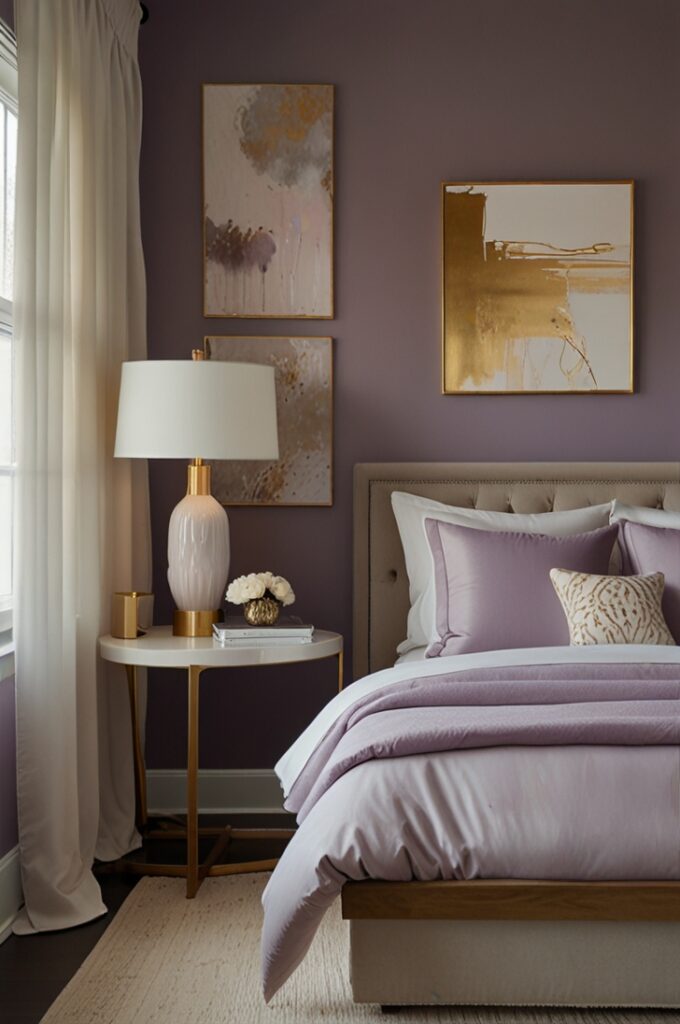 bedroom with lavander and gold accents