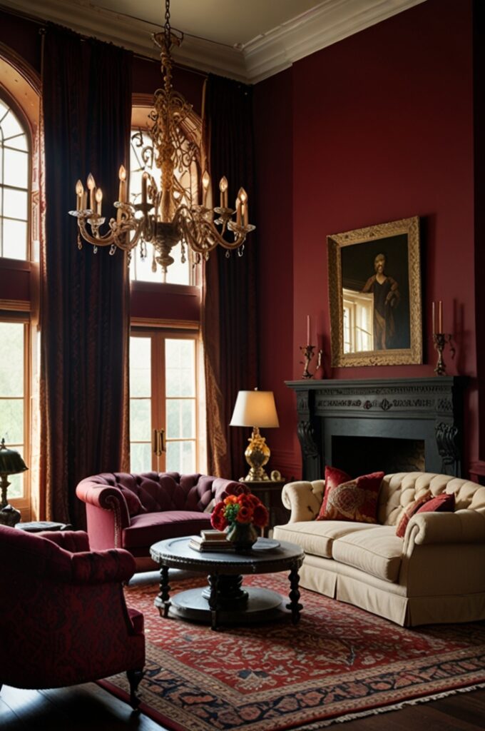 elegant crimson living room with rich crimson-painted walls that exude a regal atmosphere. The room features deep, tufted dark brown leather furniture, including a large Chesterfield sofa and matching armchairs, arranged around a carved dark wood coffee table. Ornate gold-framed oil paintings hang symmetrically on the crimson walls, depicting classical scenes. The floor is covered in dark polished hardwood, partially layered with a vintage Persian rug in deep red, navy, and cream tones. A classic fireplace with a carved stone mantel adds warmth, flanked by brass wall sconces with soft lighting. In the background, tall windows with heavy burgundy velvet curtains frame the space, and a crystal chandelier hangs from the ceiling, casting a warm glow that enhances the room’s luxurious and traditional charm.