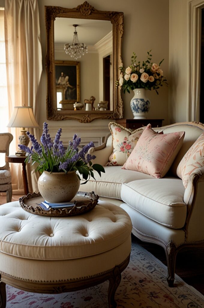 French country living room bathed in soft, natural light, with cream-colored walls providing a warm and elegant backdrop. A linen-upholstered settee in a soft cream hue with curved wood arms and carved legs sits gracefully beneath a large antique-style mirror with an ornate, distressed gold frame. In front of the settee rests a carved wood coffee table with a weathered finish, its surface adorned with a ceramic jug holding dried lavender and a stack of vintage books.

Floral toile pillows in soft blush, blue, and cream tones are arranged across the seating, adding a romantic countryside touch. On the walls, small vintage-style clocks and delicate ceramic plates are hung with purpose, enhancing the curated charm. Floor-length drapes in a light cream fabric with scalloped edges frame tall windows, gently billowing in the breeze.

Beneath the furniture lies a large faded area rug in muted tones of rose, sage, and beige, its delicate floral pattern adding softness underfoot. The entire space radiates rustic elegance and timeless beauty, where cream tones unify the space and the aged, handcrafted details evoke a warm, lived-in French country ambiance.