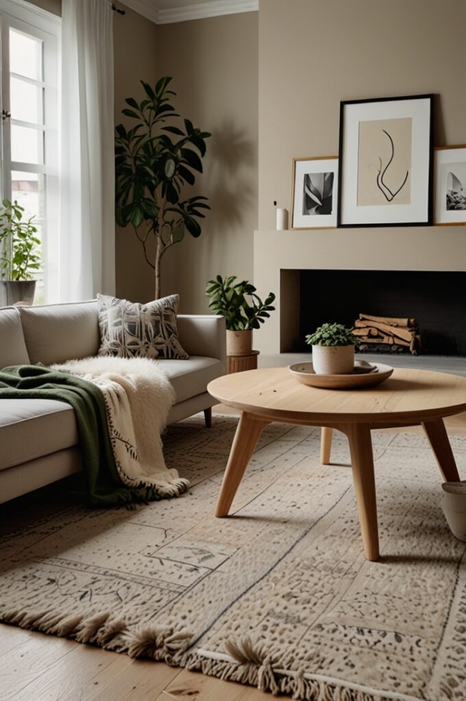 Scandinavian-style living room with smooth cream-colored walls that create a soft, neutral backdrop. The floor features pale blonde wood planks with a natural matte finish, showcasing subtle grain patterns. Low-profile furniture includes a cream-upholstered sofa and matching armchair with simple, clean lines, supported by light blonde wooden legs. A geometric-patterned throw blanket in muted gray and beige tones is neatly draped over the sofa, complemented by a matching area rug with angular designs in soft neutrals covering part of the floor. Natural elements include a plush white sheepskin rug placed casually beside the seating area, a collection of smooth river stones arranged on a wooden tray atop a minimalist coffee table, and several potted indoor plants with vibrant green leaves that add freshness to the space. The layout is uncluttered and airy, emphasizing functionality and calm, with ample space between each piece to maintain visual openness and simplicity characteristic of Scandinavian design.