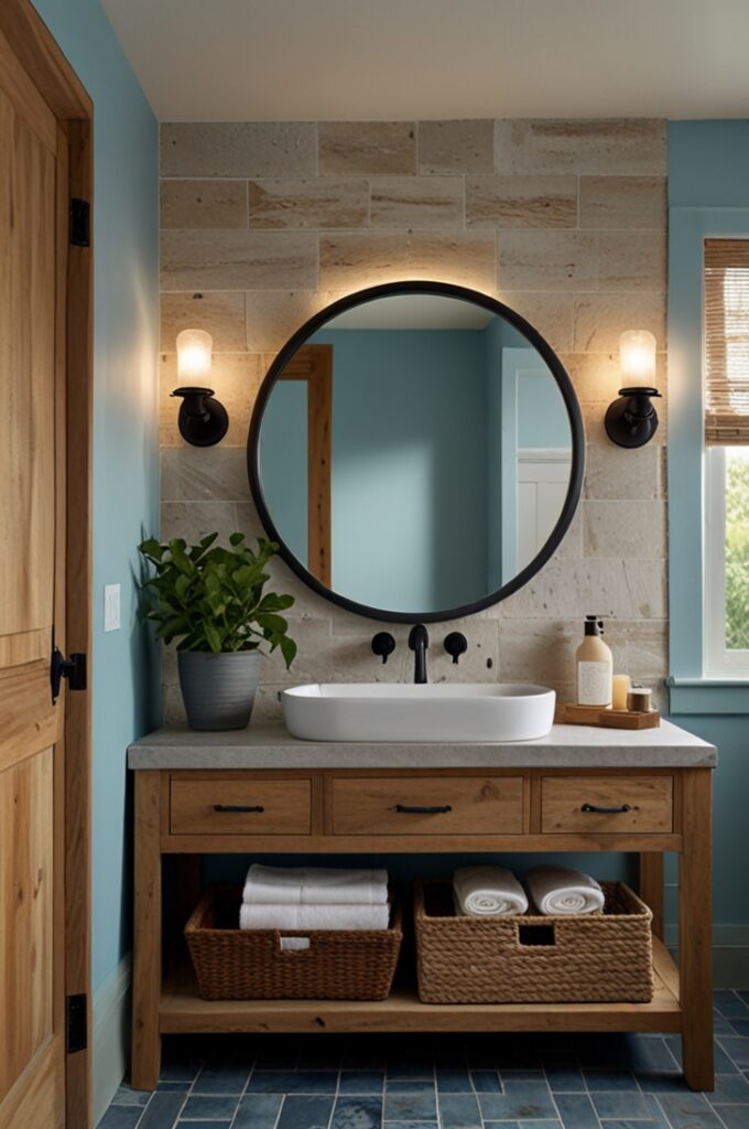 bathroom captured from a low corner angle, looking up toward the ceiling and across the room to highlight natural textures and contrast. The pale blue walls are finished in smooth matte paint, wrapping the room in soft color. Along the back wall stands a rustic vanity made from reclaimed wood, with a rough-hewn texture and visible grain. It has flat drawers, matte black pulls, and a white rectangular vessel sink centered on top.

Above the vanity is a frameless round mirror, mounted on the wall and reflecting part of the pale blue opposite wall. To the left of the mirror, a vintage-style matte black wall light with a curved arm and metal shade casts a soft glow. Two floating shelves made from matching reclaimed wood are mounted to the right of the mirror. The top shelf holds a glass jar and a small potted fern, while the lower shelf supports rolled white towels and a ceramic container.

Above, natural wood ceiling beams run horizontally, adding warmth and architectural interest. The floor is covered in stone-textured light beige tiles, and a small pale blue rug sits in front of the vanity. The mix of cool blue and warm wood creates a balanced, rustic-modern atmosphere with coastal charm.
