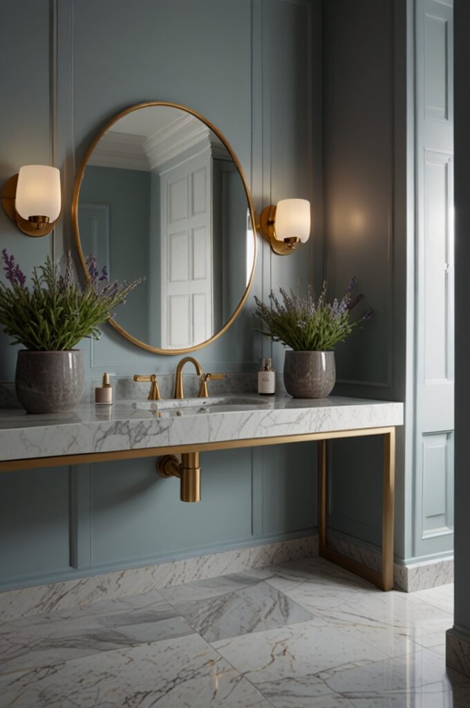 bathroom featuring pastel blue walls with a smooth matte finish that creates a soft and calming atmosphere. A floating vanity in matching pastel blue stands against one wall, topped with a white marble countertop and an under-mount sink. Above the vanity hangs a large rectangular mirror with a slim gold frame, centered on the wall. The faucet, towel ring, and cabinet handles are all made of brushed gold, adding a warm, elegant contrast to the cool-toned space. The floor is covered in large white marble tiles with subtle grey veining. A neatly folded white towel hangs from the gold towel ring, and a small ceramic tray with a gold rim holds a perfume bottle and a sprig of lavender on the countertop. A potted green plant sits in the corner of the vanity for a touch of freshness. The lighting is soft and ambient, casting a gentle glow across the serene and glamorous room.
