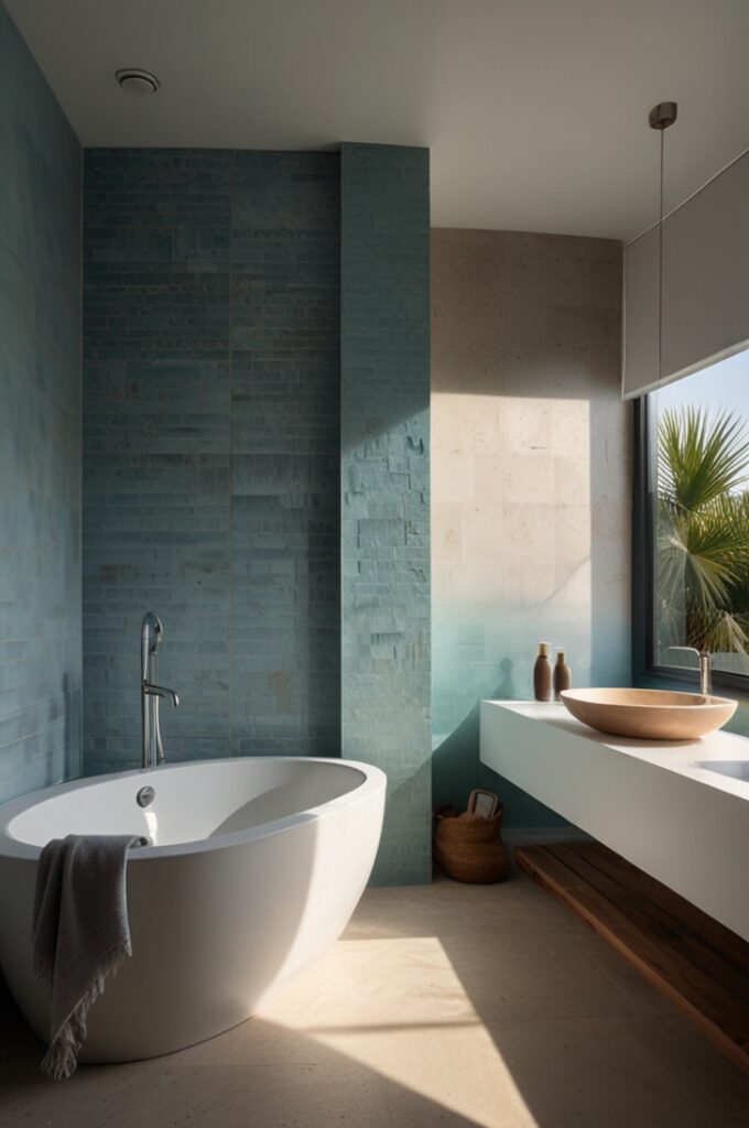 bathroom featuring ombre-painted walls that fade seamlessly from a soft, light blue at the base to pure white near the ceiling, mimicking the tranquil gradient of sea and sky. The color transition is blended smoothly using a sponge technique, creating a dreamy, beachy atmosphere. The floor is covered in pale sand-colored tiles with a matte finish. A sleek white freestanding bathtub sits near the back wall, positioned beneath a wide frosted window that allows diffused natural light to fill the room. Minimalistic decor includes a floating natural wood shelf holding neatly rolled white towels, a small glass vase with dried sea grass, and a ceramic bowl with smooth beach stones. A round mirror with a thin white frame hangs above a simple white pedestal sink with a modern chrome faucet. The space is open, breezy, and immersive, allowing the soft gradient walls to be the main visual focus.
