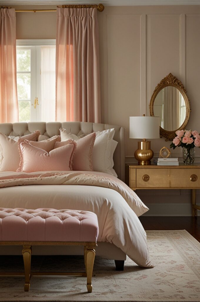 bedroom interior with a soft, feminine atmosphere created by a blush and gold color palette. The walls are painted in a muted blush pink with a smooth, velvety finish that glows softly in natural light. The bed is dressed in layers of blush-toned linens, including a tufted comforter, satin throw pillows, and a delicate ivory sheet set peeking out at the edges. Gold accents are elegantly integrated throughout the space: a scalloped gold-framed mirror hangs above a white lacquered dresser, slim gold drawer handles add a hint of shine, and a pair of gold wall sconces with soft white shades flank the bed. Blush pink curtains in lightweight fabric frame the windows, while ivory elements—such as a plush area rug and ceramic bedside lamps—add softness and balance. A few gold picture frames and a small blush bench with gold legs complete the room, creating a serene, romantic, and stylish retreat filled with warmth and quiet glamour.