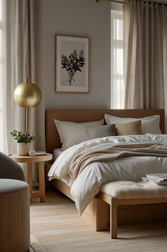 bedroom interior in Scandinavian style with soft, natural lighting and a serene, minimalist atmosphere. The room features pale gray walls and white linen bedding layered over a low-profile blond wood platform bed with clean, simple lines. On each side of the bed are light wood nightstands topped with minimalist gold table lamps—slim, cylindrical bases with small white shades. Above the bed hangs a thin-framed round gold mirror that subtly reflects light without overpowering the space. A small gold tray sits on one nightstand, holding a pale ceramic vase with fresh greenery and a single gold-accented candle holder. The floor is light oak hardwood, partially covered by a white textured wool rug. A pale wood bench with a white cushion rests at the foot of the bed. Soft white curtains filter natural daylight through large windows, enhancing the calm, airy feel of the room. Gold accents are used sparingly and purposefully, adding quiet elegance to the clean, modern Scandinavian design.