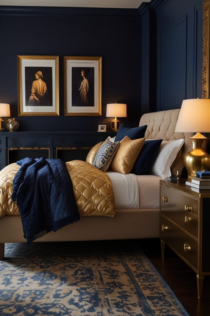bedroom interior featuring deep navy blue walls that create a rich, luxurious backdrop. The bed is dressed in navy blue bedding with multiple textured layers, including velvet throw pillows and a quilted duvet. Golden accents are strategically placed throughout the room: an ornate gold-framed mirror hangs above the headboard, gold picture frames adorn the walls, and decorative gold throw pillows add warmth and elegance to the bed. The lighting includes gold-finished table lamps with warm bulbs on wooden bedside tables, and matching gold wall sconces that cast a soft, inviting glow. The floor is covered with a dark navy area rug that complements the walls, while subtle gold details in decor and fixtures balance the cool tones with warmth. The overall atmosphere is sophisticated, bold, and harmonious, showcasing the perfect blend of navy and gold in a stylish bedroom setting.
