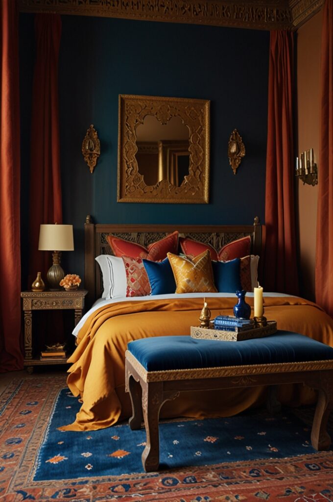 bedroom interior inspired by Moroccan design, enriched with golden accents and a warm, exotic atmosphere. The walls are painted in a deep terracotta hue, creating a rich backdrop that enhances the intricate gold details throughout the space. The bed is low to the ground with a carved dark wood frame and layered bedding in deep red, sapphire blue, and saffron yellow textiles, featuring embroidered gold thread patterns. On the wall behind the bed hangs a large, ornately carved gold mirror with floral and geometric motifs, adding visual depth and reflecting ambient light.

A mix of layered rugs in bold traditional Moroccan patterns covers the dark tiled floor, adding warmth and texture. Around the bed, low floor cushions in jewel-toned fabrics with gold embroidery are arranged for seating. A carved wooden nightstand holds a small gold tray with a ceramic teapot and glasses, and a brass candlestick with a tall taper candle. Heavy drapes in sapphire velvet frame the windows, enhancing the luxurious feel. Every detail, from the metalwork to the textiles, creates a vivid, opulent bedroom infused with cultural richness and golden elegance.