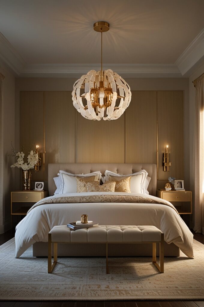 bedroom interior featuring a striking gold pendant light suspended from the center of the ceiling above the bed. The pendant light has a mid-century modern design with multiple matte gold globes arranged asymmetrically on sleek gold arms, creating a sculptural and elegant centerpiece. The warm light emitted casts a rich golden glow that softly illuminates the room, highlighting textures and colors with a romantic ambiance. The bedroom walls are painted in a soft neutral tone that complements the warm lighting. Below the pendant, the bed is dressed in cream and beige linens with subtle gold accents, enhancing the intimate and elegant atmosphere. The ceiling features smooth white plaster with clean lines, and minimalistic gold hardware secures the pendant. Natural light from large windows softly mixes with the golden pendant glow, creating a balanced and inviting space focused on warmth and glamour.