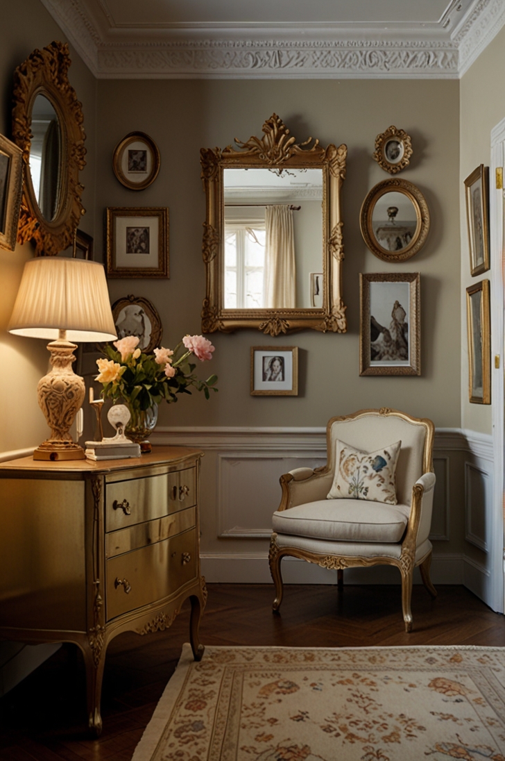 interior showcasing a curated gallery wall of gilded mirrors and picture frames in vintage-inspired designs. The frames feature intricate carvings with ornate detailing in rich antique gold finishes that add timeless charm. A large gold-framed mirror with delicate floral motifs hangs above a wooden dresser with a polished surface, reflecting natural light from a nearby window. A full-length gilded mirror with an elaborate baroque frame leans gracefully against an adjacent wall, visually expanding the space. The gallery wall includes a variety of frame sizes and shapes, including oval, rectangular, and circular mirrors and picture frames arranged artfully to create an elegant, eclectic display. The room’s walls are painted in a soft neutral tone that highlights the warm gold hues. Soft, diffused lighting from a nearby table lamp enhances the golden reflections, creating a glamorous yet understated ambiance. The floor features a plush cream carpet adding warmth and softness underfoot, completing the sophisticated look.

