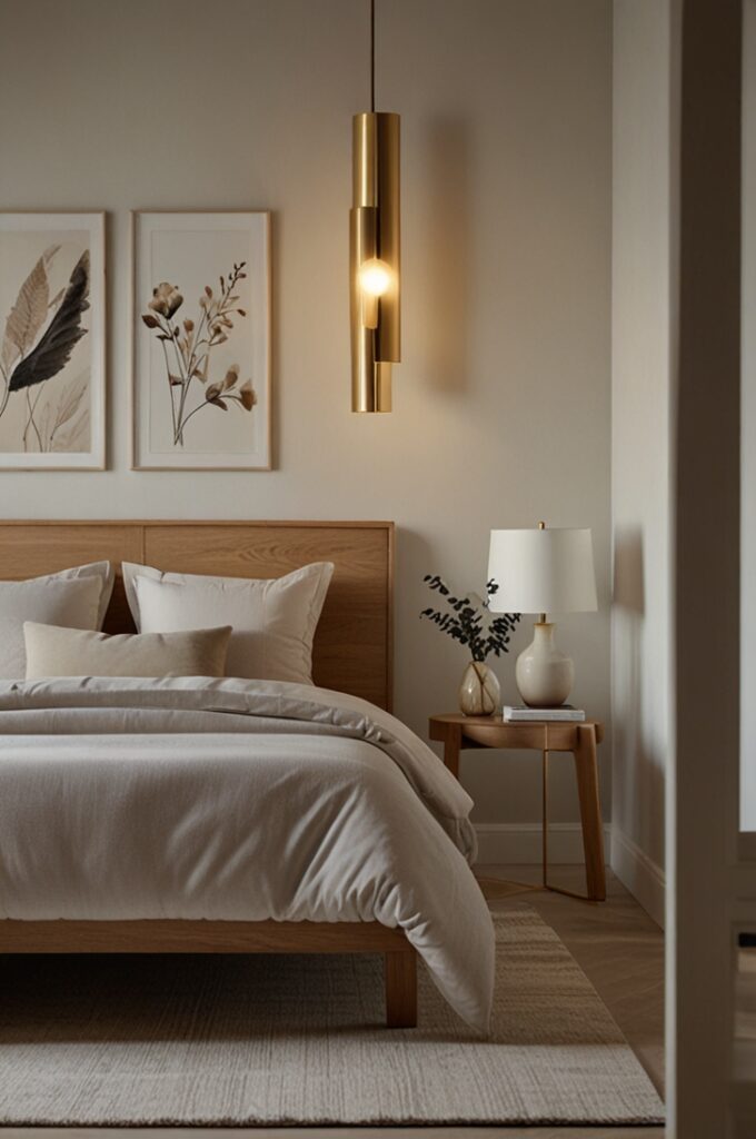 bedroom interior designed in a minimalist style with elegant gold lighting as the focal point. The walls are painted a crisp, matte white, creating a clean and airy atmosphere. The bed features a low-profile platform frame in light natural wood with plain white bedding and two soft, stone-gray linen pillows. Beside the bed, a single sculptural gold pendant light with a brushed finish hangs from the ceiling, featuring a slim cylindrical shape and casting a soft, warm glow downward. On the opposite side, a sleek gold linear wall sconce with a matte finish adds subtle symmetry without clutter. A minimalist white nightstand with a single open shelf holds a small neutral-toned ceramic vase with one dried stem. The floor is light oak wood, partially covered by a thin, woven beige rug. A tall arc floor lamp with a slim brushed gold arm stands in the corner, its dome-shaped shade angled gently toward a modern, armless reading chair in cream. The room exudes quiet sophistication, with every gold element adding warmth and elegance to the minimalist design.