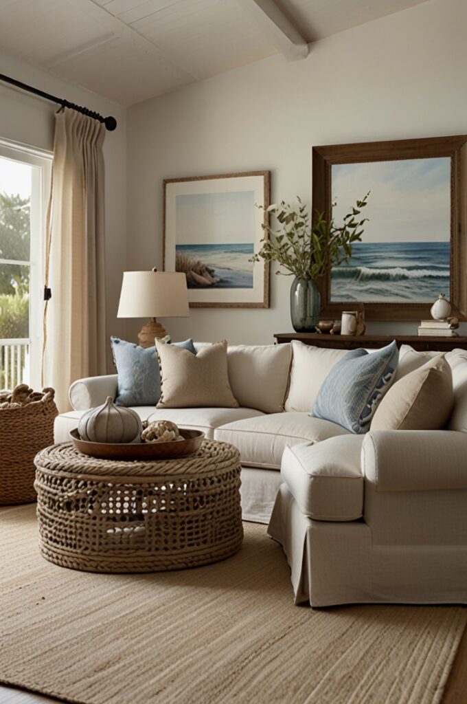 Photorealistic, beautiful and detailed coastal-inspired living room with creamy white matte walls that reflect soft natural light, creating an open and airy atmosphere. A low-profile cream linen sofa sits against the wall, layered with cushions in sandy beige, soft seafoam, and subtle blue-gray tones. A driftwood coffee table with a natural, weathered texture anchors the space atop a woven jute rug. Light natural fabrics such as cotton and linen are featured throughout, including an off-white throw draped casually over the arm of the sofa. On a side table, a clear glass jar filled with seashells adds coastal charm, alongside a nautical-style rope basket resting beside a cream slipcovered armchair. Above the sofa, a round rattan mirror adds organic texture, reflecting the sunlight that filters through sheer off-white curtains hung from ceiling to floor. Soft ocean-inspired artwork in muted tones completes the space, creating a calm, breezy retreat that captures the essence of coastal serenity.
