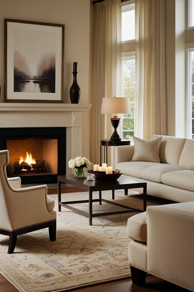 cream living room centered around a fireplace that commands attention. The fireplace features a smooth, slightly warmer cream-colored surround with subtle texture, contrasting gently against the lighter cream matte walls. Symmetrically arranged around the fireplace are two plush cream armchairs with rolled arms and tapered wooden legs, facing a matching cream sofa with clean lines and soft cushions. A classic patterned rug in muted beige and cream tones anchors the seating area, adding warmth underfoot. The mantel displays elegant decor: slender cream-colored candleholders with lit candles, a pair of matte ceramic vases in soft neutral tones, and a framed minimalist artwork in a thin gold frame that draws the eye upward. Natural light filters through sheer cream curtains, enhancing the cozy, inviting atmosphere where the fireplace acts as the heart of the room, perfect for conversation and relaxation.
