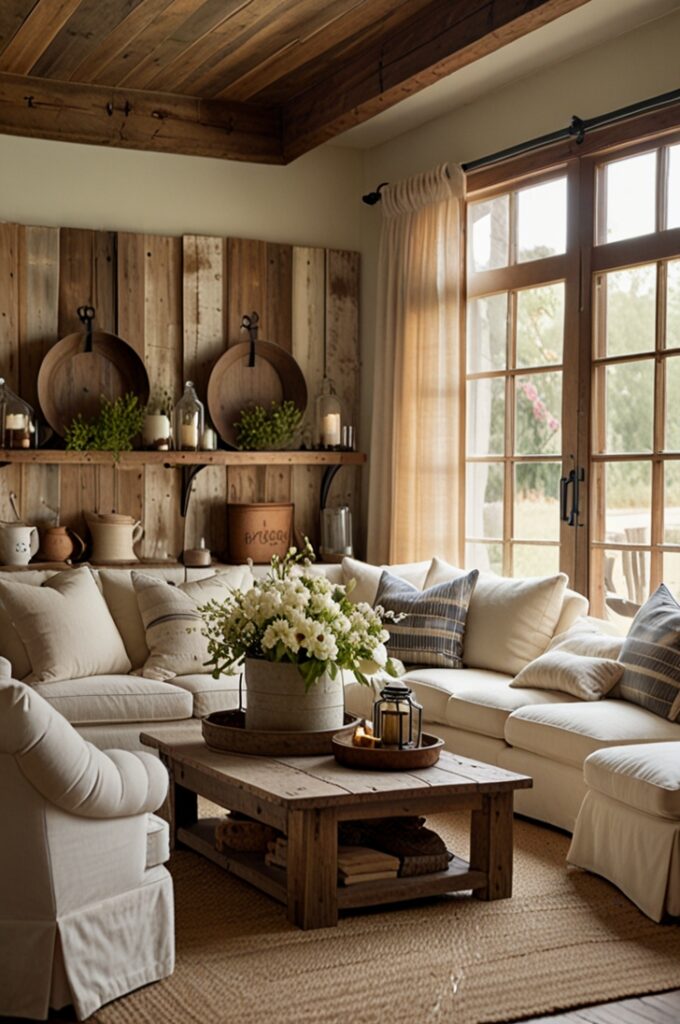 farmhouse-style living room with creamy white shiplap walls featuring subtle wood grain and horizontal paneling. The floor consists of weathered wide-plank wood with warm honey tones and natural distress marks. A linen-blend sofa in soft cream sits centrally, its cushions plush and inviting. Lantern-style pendant lights with aged bronze metalwork hang from a ceiling with exposed wooden beams. Rustic sliding barn doors with visible wrought iron hardware add vintage character along one wall. Cotton and burlap throw pillows with soft ticking stripes in muted beige and cream tones rest on the sofa, adding texture. Fresh wildflowers arranged in clear mason jars and cream-colored stoneware jugs are displayed on a reclaimed wood coffee table with a distressed finish. Sunlight filters gently through linen curtains, illuminating the warm, rustic textures and creating an open, light-filled atmosphere that feels timeless and homey.