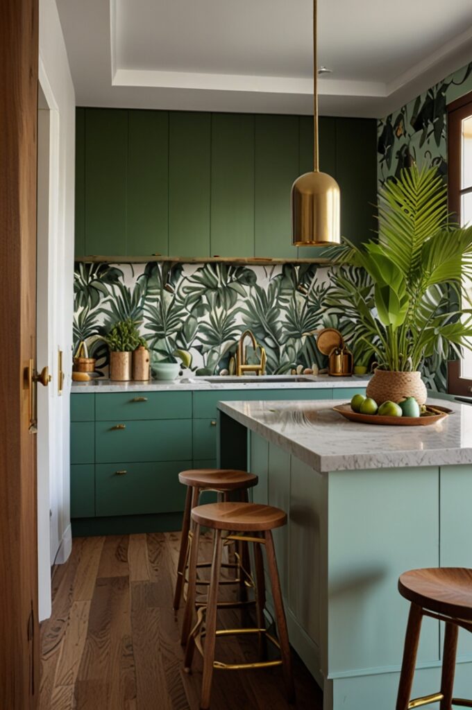 tropical-inspired kitchen featuring matte mint green cabinetry with flat-panel doors and brushed brass handles. The countertops are warm, natural wood with visible grain and a smooth matte finish, extending into a wooden breakfast bar with matching stools. One wall is covered in vibrant palm-leaf wallpaper with rich green hues and subtle gold accents, creating a lush backdrop.

Brushed brass fixtures include a high-arc faucet over a white farmhouse sink and pendant lights with cylindrical shades hanging above the island. Numerous indoor plants in varying sizes and types are placed on open wooden shelves, windowsills, and the countertop, adding vibrant greenery throughout the space.

The floor is light teak wood with a matte finish, complementing the natural elements. Large windows framed in white trim flood the room with natural light, emphasizing the fresh mint cabinetry and tropical details. The overall atmosphere is bright, lush, and welcoming, perfectly capturing a tropical vibe with a modern twist.

