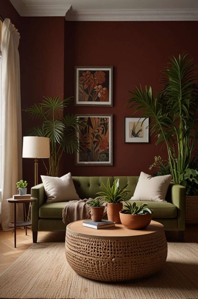 vibrant living room with bold red walls and abundant botanical accents. The walls are painted in a rich matte crimson, providing a dramatic backdrop for the greenery throughout the space. A mix of lush indoor plants—including monstera, fiddle leaf fig, and trailing pothos—are placed in terracotta pots, woven rattan planters, and natural clay vessels. A neutral linen sofa with light beige upholstery sits against one red wall, accented with earth-toned and olive green throw pillows. A round wooden coffee table in warm walnut holds a stack of books and a small fern in a ceramic pot. The floor is pale oak with a jute area rug adding natural texture. A large arched window framed by sheer white curtains lets in soft daylight, illuminating the textures of leaves, walls, and materials. A rattan armchair with a rust-colored cushion sits in the corner beside a tall cactus. The atmosphere is bold yet grounded, where rich color and organic elements blend in perfect harmony.