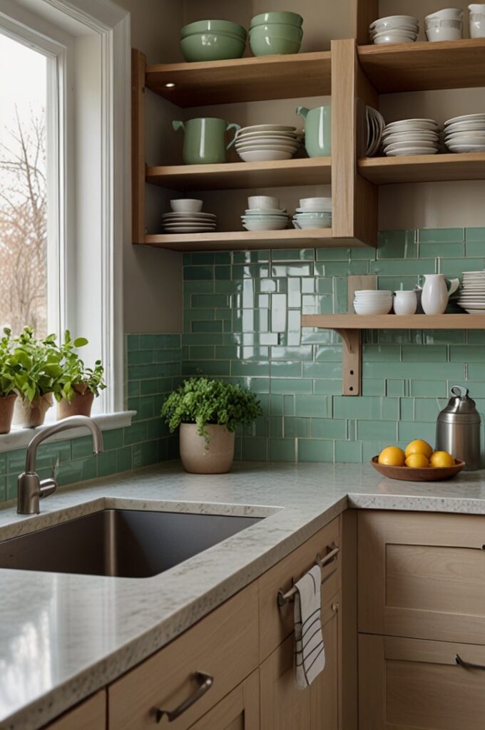 serene kitchen featuring a mint green backsplash made of glossy rectangular tiles arranged in a clean horizontal subway pattern. The backsplash extends from the countertop to the bottom of matte cream upper cabinets with flat-panel doors and brushed nickel handles. Below, taupe lower cabinets with smooth matte finish and minimalist hardware provide subtle contrast.

The countertops are light beige quartz with soft rounded edges, complementing the neutral palette. A white farmhouse sink is centered beneath a large window framed in natural wood, fitted with a brushed chrome faucet. The floor is light oak planks with a matte finish, adding warmth and texture. Open wooden shelves hold neutral-toned dishware and small potted greenery, maintaining the soft, airy feel.

Natural light floods the space through the windows, highlighting the gentle pop of mint green in the backsplash against the surrounding taupe, beige, and cream tones. The overall atmosphere is calm, balanced, and softly inviting.