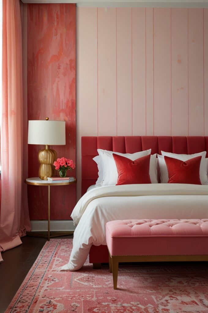 modern bedroom with a bold red and pink color clash. The focal wall behind the bed is painted in vibrant magenta, while the other walls are soft blush pink. The bed has a low-profile white frame with layered bedding in cherry red, blush, and coral tones. Pillows in various shades of pink and red are stacked casually, with a red velvet bolster in front. Floating white nightstands flank the bed, each with a brass wall sconce above. One nightstand holds a pink ceramic vase with a single flower, the other a stack of red and pink books. The floor is pale wood with a plush red and pink abstract rug beneath the bed. In the corner sits a curved blush armchair with a red throw, next to a small coral table holding a candle and sketchpad. A sleek white dresser on the opposite wall is styled with a red lamp, stacked books, and an abstract red and pink painting above. Sheer white curtains soften the daylight from a large window, creating a dreamy, whimsical atmosphere.