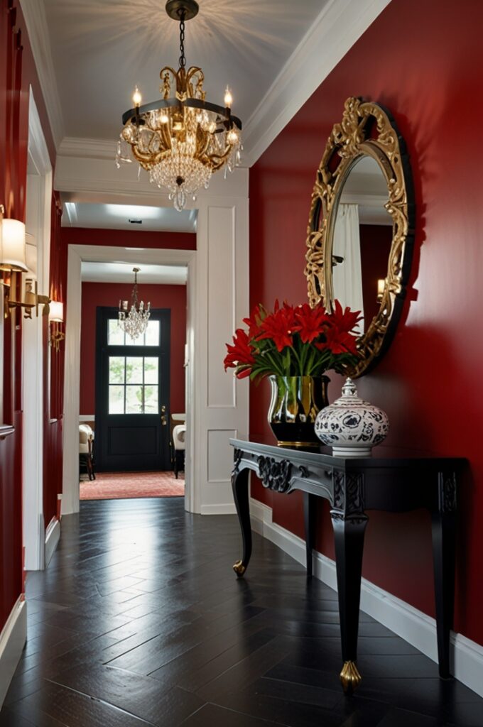 striking entryway painted in a vibrant glossy red that immediately commands attention. The walls are smooth with a high-gloss finish, reflecting light and enhancing the boldness of the color. The floor features black and white geometric patterned tiles with a glossy surface, adding dynamic contrast and visual interest. Centered on the main wall hangs a large, ornate gold-framed statement mirror with intricate baroque detailing, amplifying the sense of space. Beneath the mirror, a sleek black console table with brass hardware holds a sculptural ceramic vase filled with fresh white lilies. Above, a dramatic black wrought iron chandelier with multiple candle-style bulbs casts warm, inviting light. A narrow black runner rug with subtle red accents lies along the tiled floor, guiding visitors inward. The entryway feels vibrant, elegant, and perfectly balanced between boldness and sophistication, making a powerful first impression.