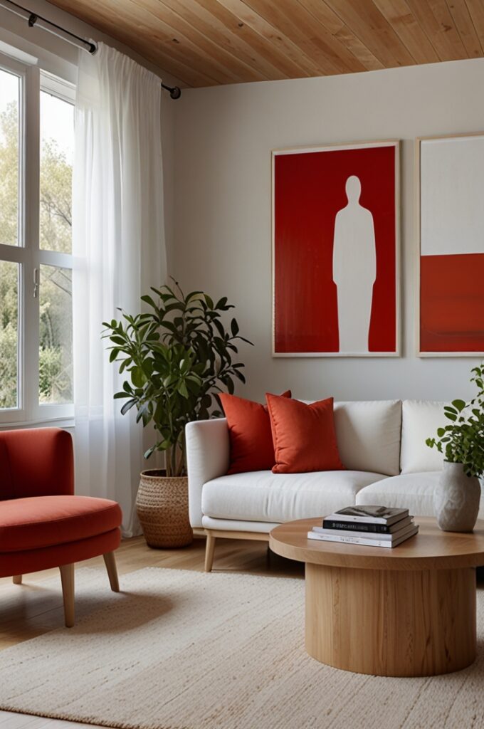 Scandinavian-inspired living room with a minimalist aesthetic and strategic pops of tomato red. The walls and ceiling are painted crisp matte white, creating a bright, airy space. Clean-lined furniture in pale natural wood dominates the room, including a simple sofa frame and a low rectangular coffee table. The sofa features soft white upholstery accented with tomato red pillows in solid and geometric patterns. A rectangular area rug with a subtle white and red abstract design lies beneath the coffee table, adding warmth and color. On one wall hangs a large modern art print with bold red brushstrokes on a white background, framed in light wood. Light wood floating shelves hold minimalist decor such as small green plants in white pots and neatly stacked books. The floor is light oak hardwood with a smooth finish. Large windows with sheer white curtains allow abundant natural light to fill the room, enhancing the calm yet visually impactful atmosphere typical of Scandinavian design.